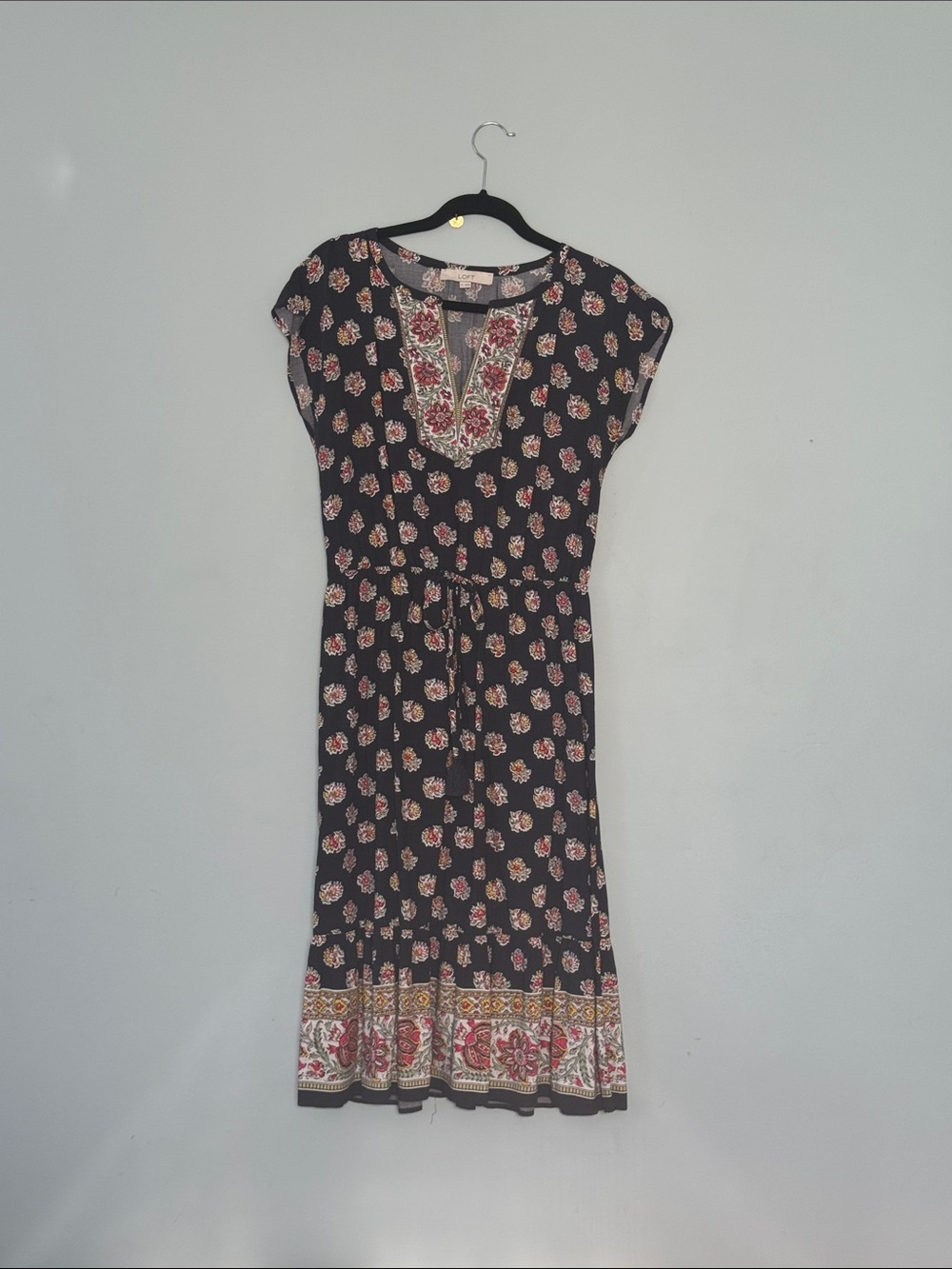 LOFT Black Midi Dress with Pink and Cream Floral Print. Overall length 44 inches